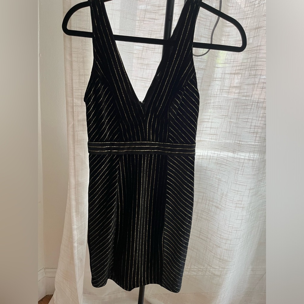 V neck mini dress - black velvet and gold sparkle